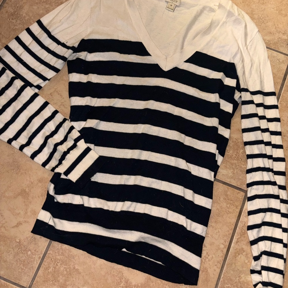 J. Crew Black and White Striped Long Sleeve V-Neck Top